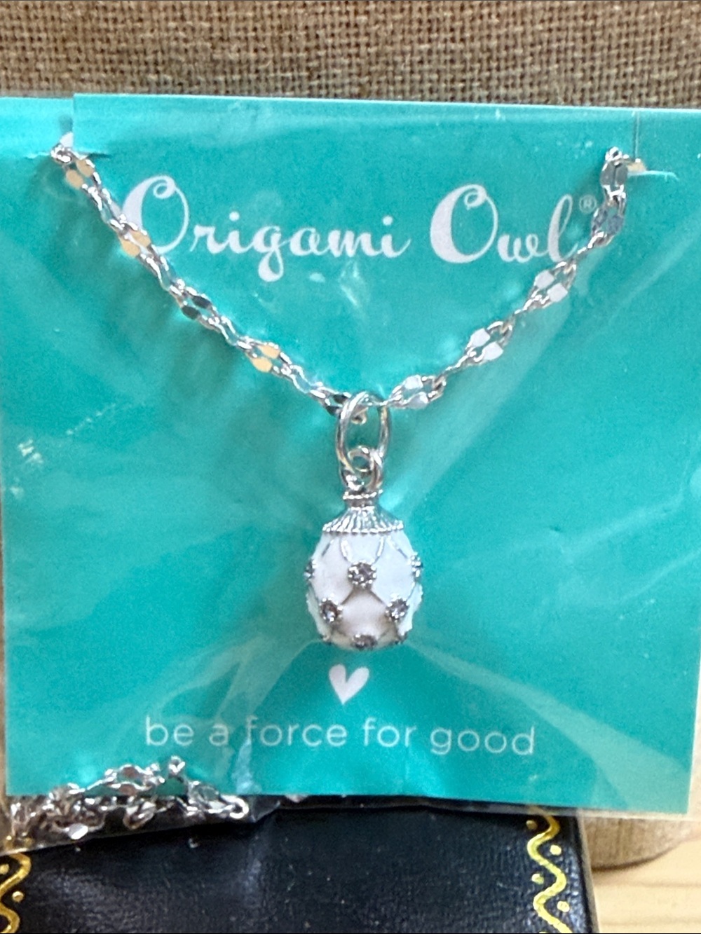 Origami Owl Silver Necklace with White and Silver Egg Pendant